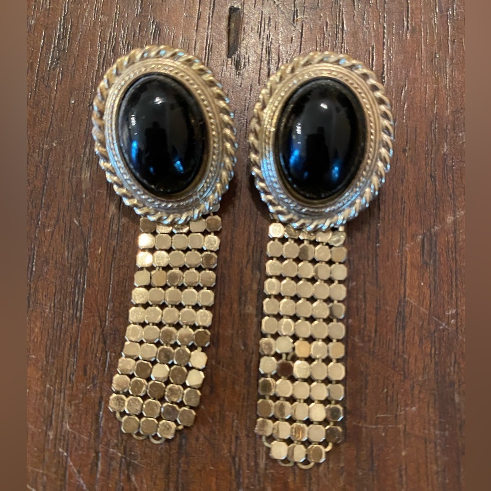 Vintage Retro Whiting & Davis Art Deco Earrings Gold Tone Mesh Dangle Signed